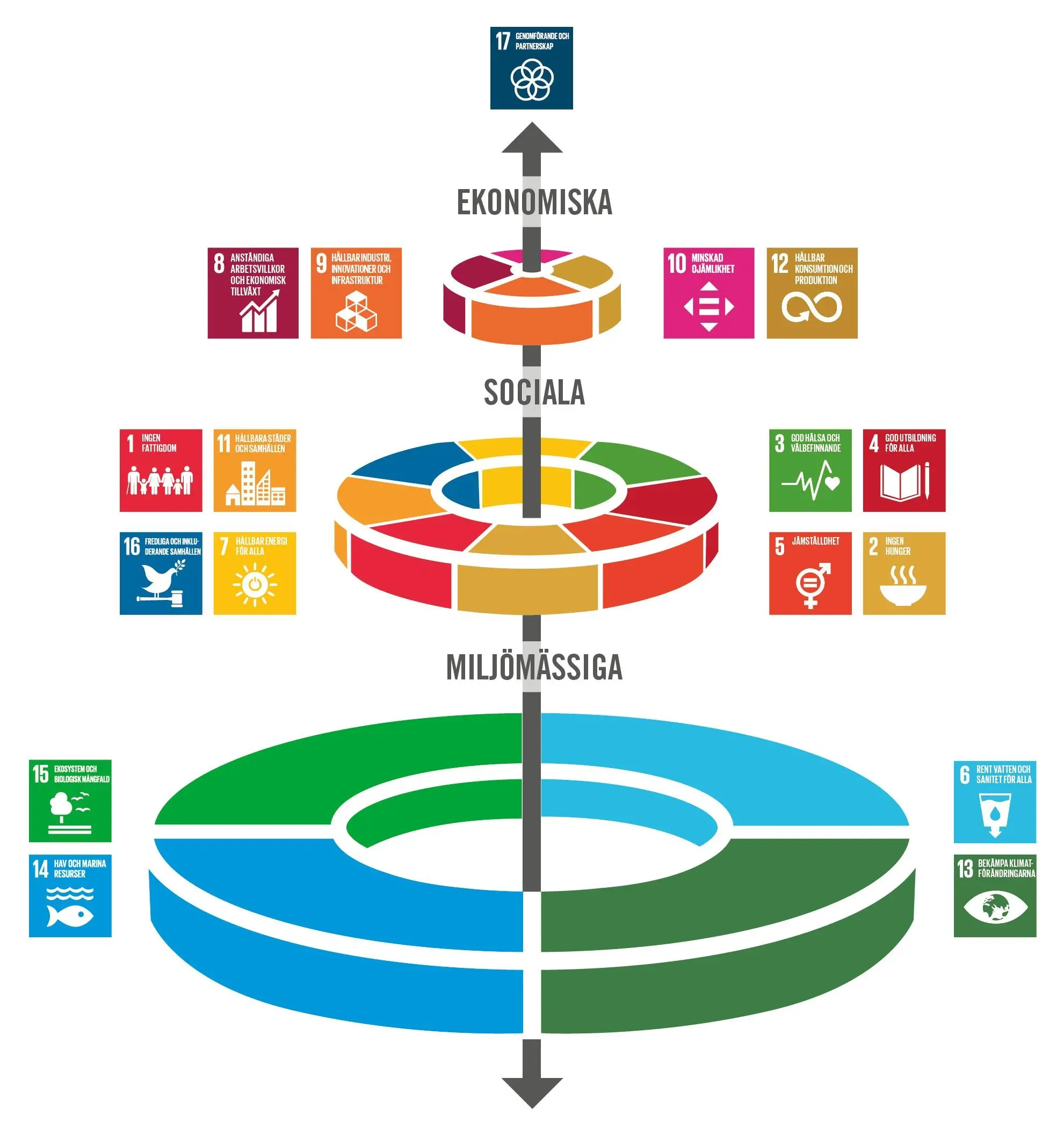 illustration på tre hållbarhetsdimensioner Social, ekonomisk och ekologisk