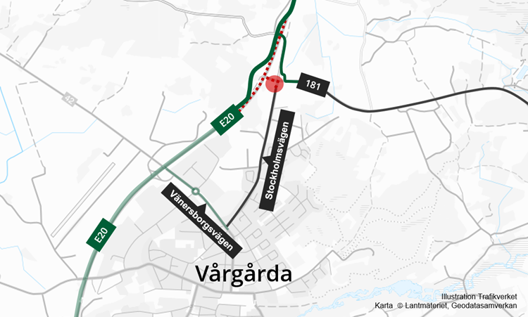 Karta med inritat den omledning som sker vid Stockholmsvägen mot väg 181