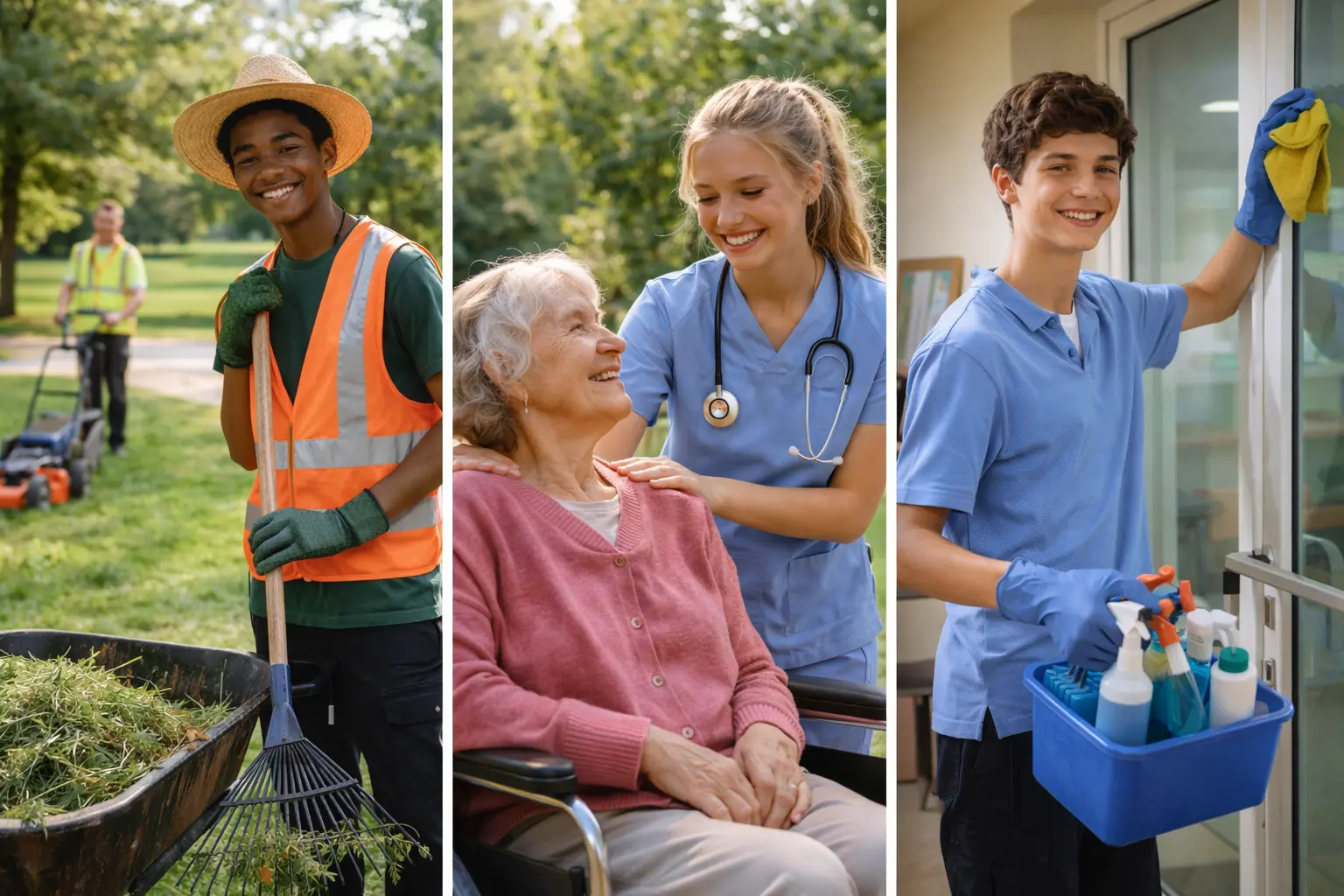 olika feriejobb av tre ungdomar