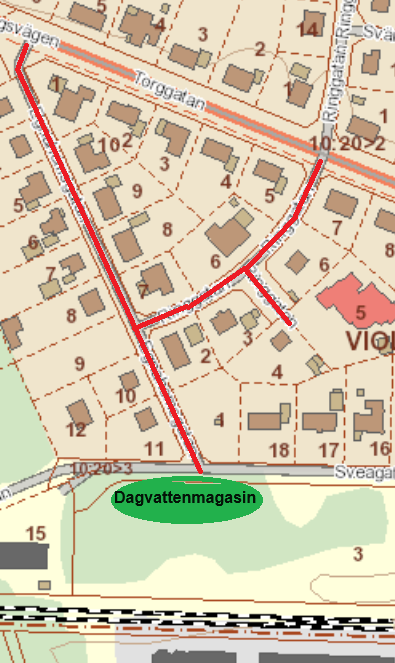 Karta över berörda gator och plats för nytt dagvattenmagasin vid korsningen Sveagan/Egnahemsgatan