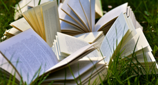 Uppslagna böcker i gräs